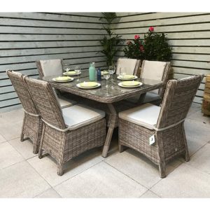Abobo 150cm Glass Dining Table With 6 Armless Chairs In Grey