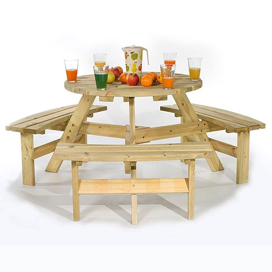 Balint Timber Picnic Table Round With Benches In Green Pine