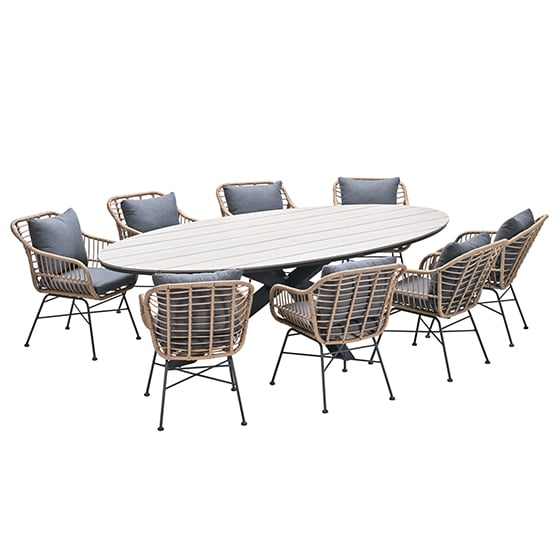 Ezra Light Teak Dining Table Large Oval 8 Mystic Grey Chairs