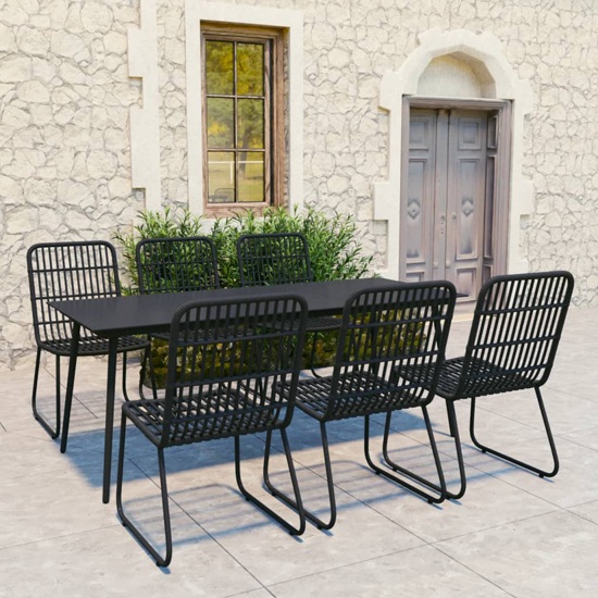 Laredo Large Rattan And Glass 7 Piece Dining Set In Black