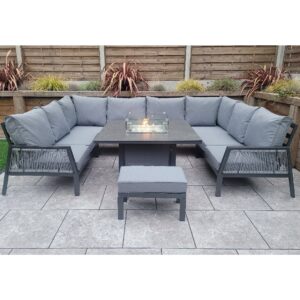 Bessie Glass Top U Shaped Garden Seating Set With Fire Pit In Grey