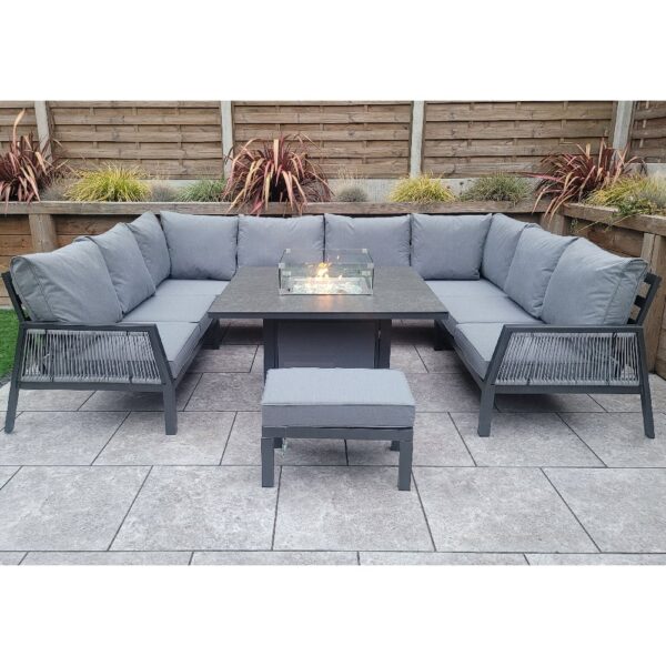 Bessie Glass Top U Shaped Garden Seating Set With Fire Pit In Grey