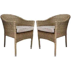 Derya Brown Rattan Stacking Dining Chairs With Cushion In Pair