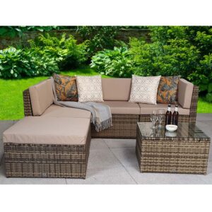 Shafter Rattan Garden Corner Sofa Seating Set In Natural Brown