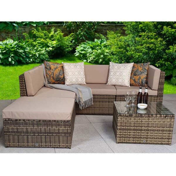 Shafter Rattan Garden Corner Sofa Seating Set In Natural Brown
