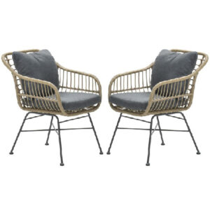 Macy Natural Rattan Garden Dining Chairs With Cushion In Pair