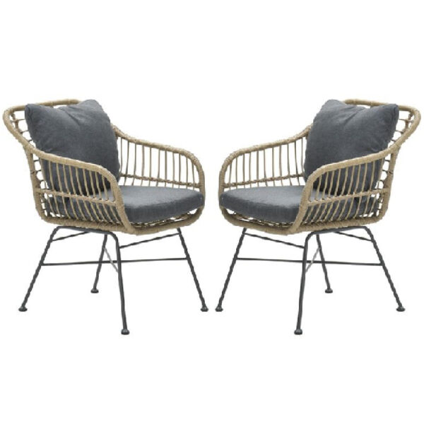 Macy Natural Rattan Garden Dining Chairs With Cushion In Pair
