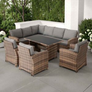 Calvero Rattan Corner Outdoor Lounge Set In Brown And Grey