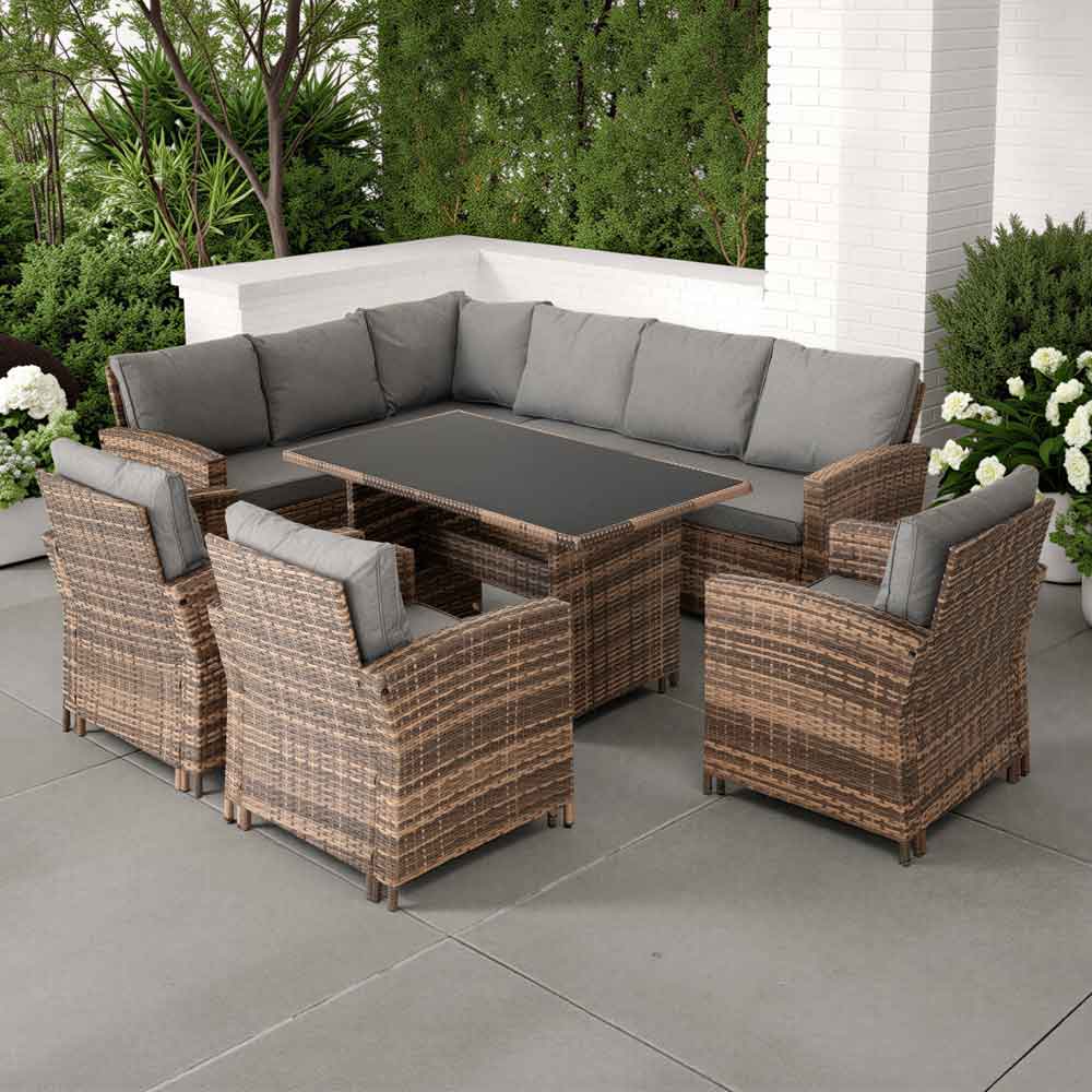 Calvero Rattan Corner Outdoor Lounge Set In Brown And Grey