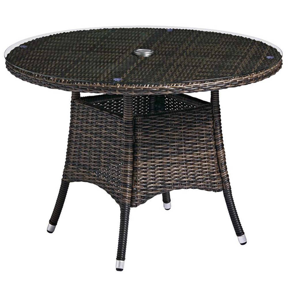 Coachella Glass Top Garden Dining Table With Brown Rattan Legs