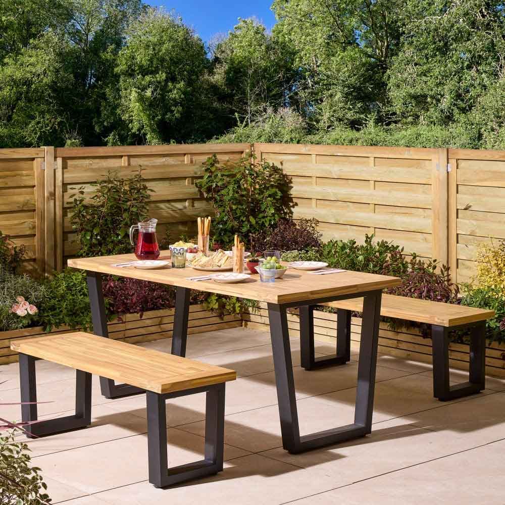 Aurum Wooden Garden 4 Seater Dining Set with Bench in Natural and Black